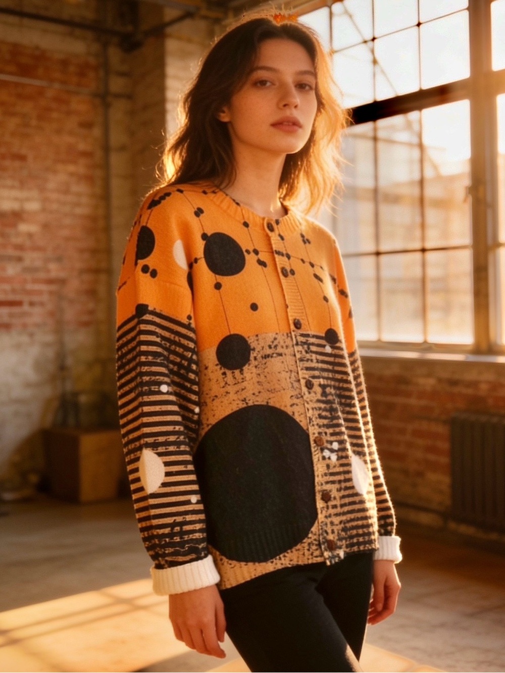 NWOT Orange and Black Abstract Button-Up Sweater Cardigan- size XL